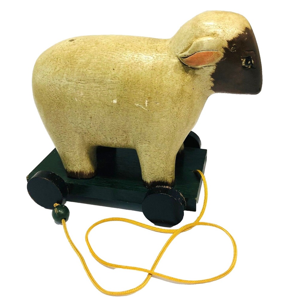 Folk Art Wood Lamb Sheep Pull Toy Hand Painted Primitive Farm‎ Core 8 x 7 x 5